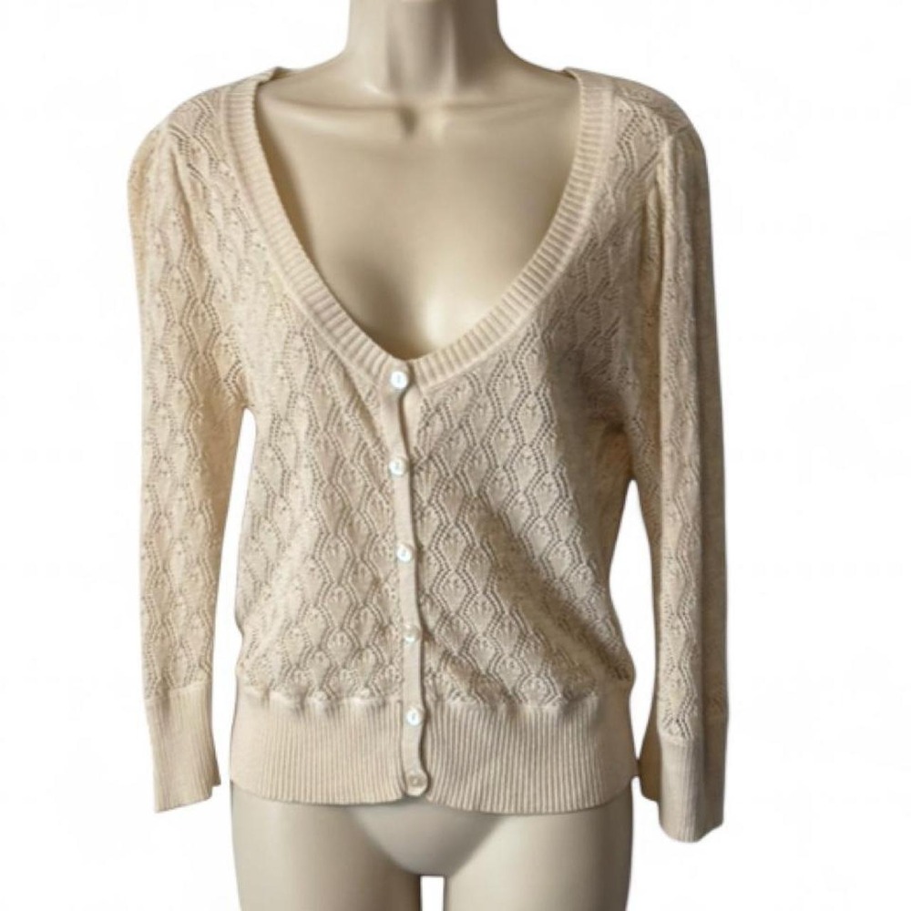Vintage 90s Caslon Ivory Pointelle Knit V Neck Cardigan, Women's Size L